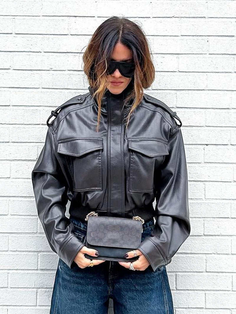 Women'S Olive Green Faux Leather Bomber Moto Jacket with Stand Collar and Flap Pockets, Short Layered Streetwear Outerwear