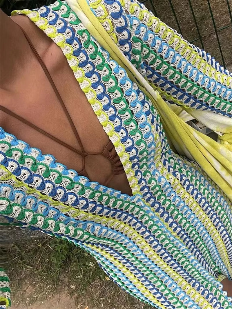Contrast Hollow Out V-Neck Maxi Dress 