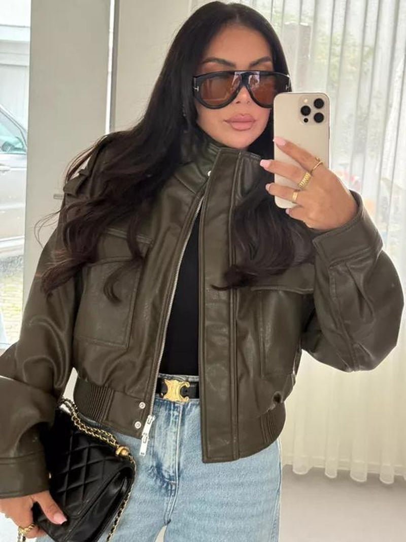 Women'S Olive Green Faux Leather Bomber Moto Jacket with Stand Collar and Flap Pockets, Short Layered Streetwear Outerwear