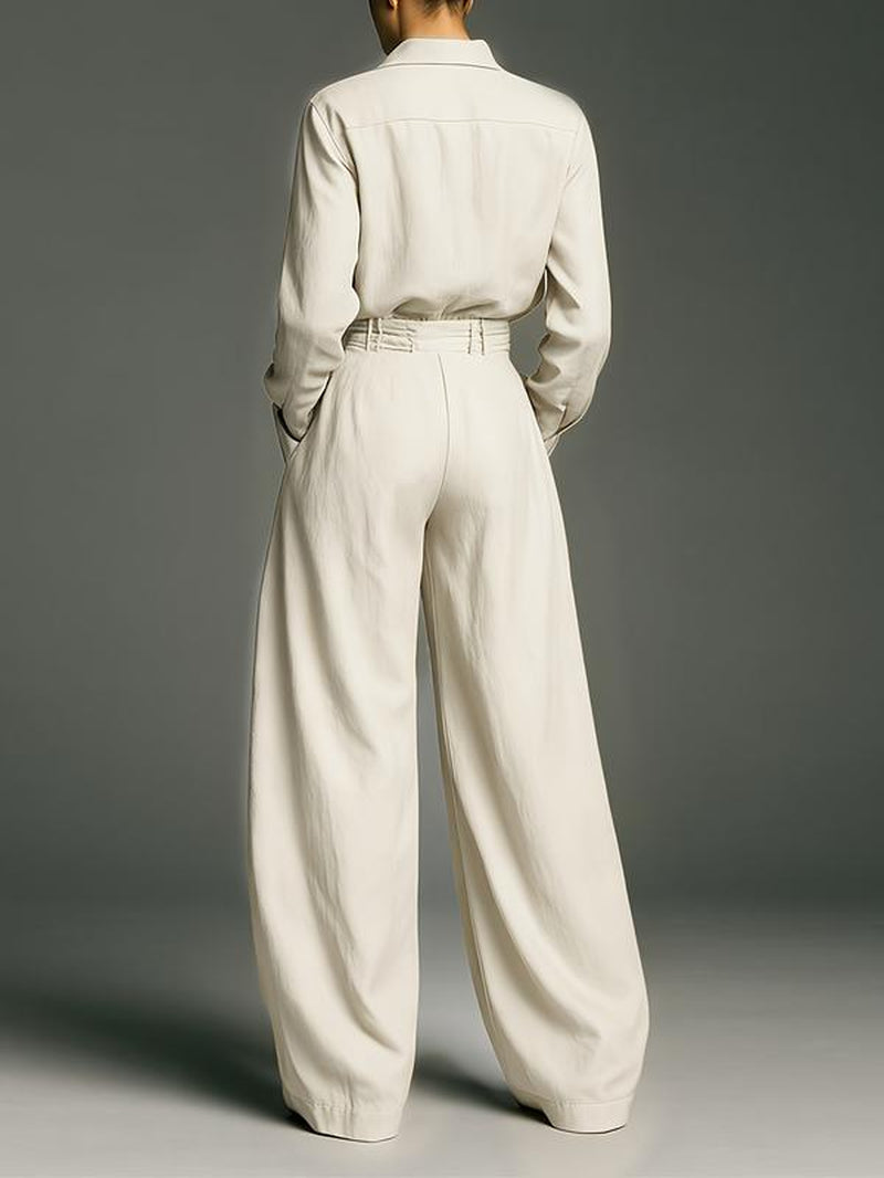 Spring & Fall Women'S Fashion Two-Piece Set, Solid Color Shirt and Long Pants, Casual Style, Perfect for Daily Wear