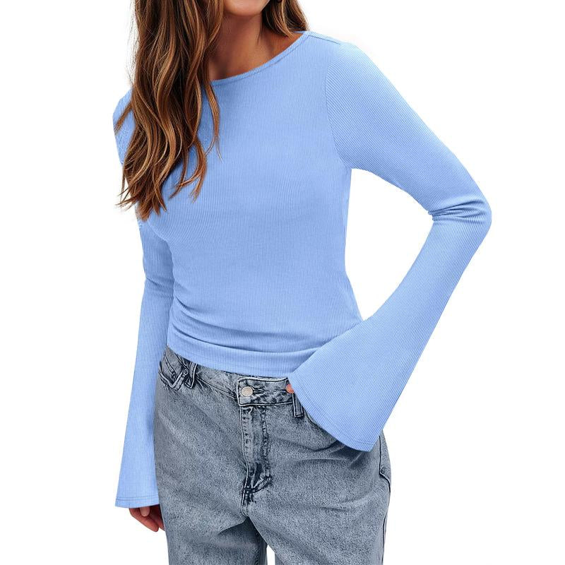  Y2K Clothes Casual Solid Color Boat Neck Bell Sleeve Fitted Going Out Tops