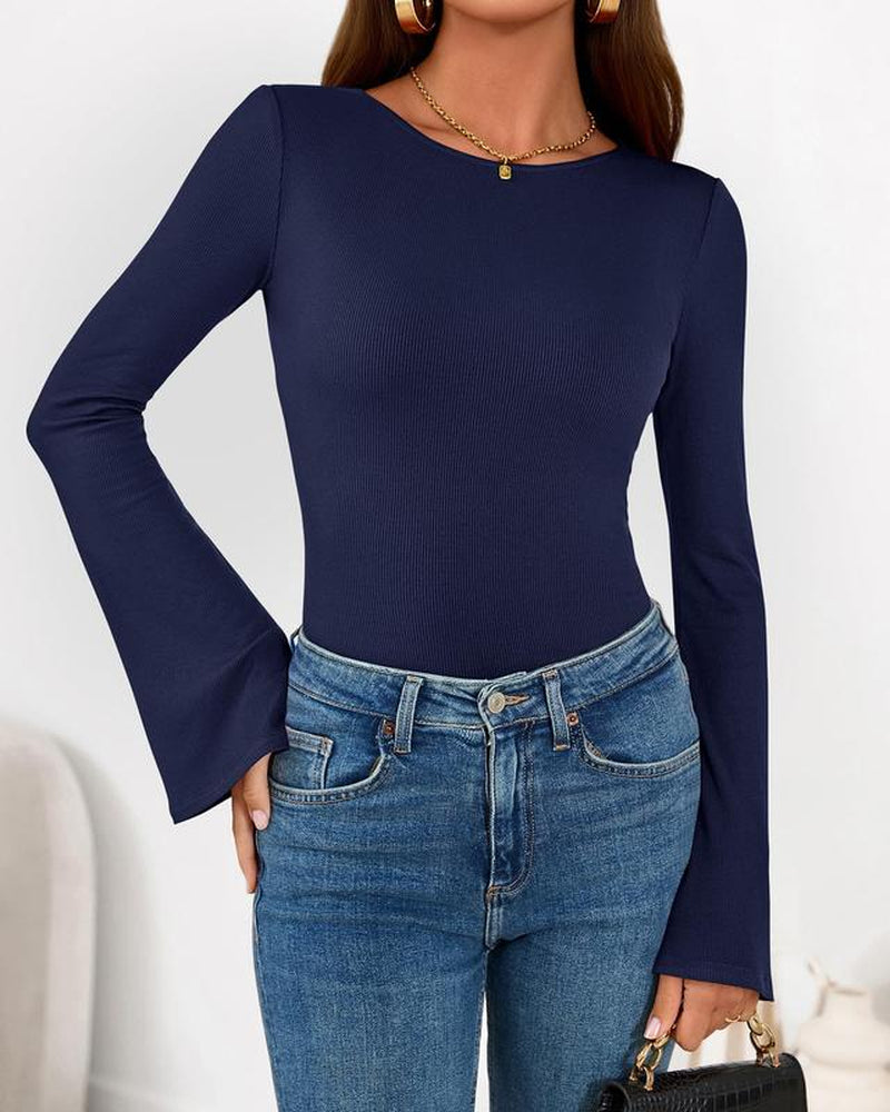  Y2K Clothes Casual Solid Color Boat Neck Bell Sleeve Fitted Going Out Tops