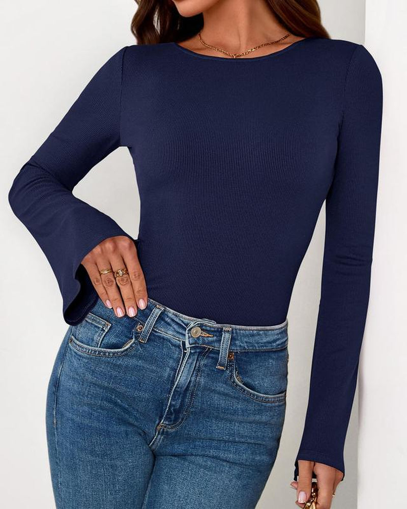  Y2K Clothes Casual Solid Color Boat Neck Bell Sleeve Fitted Going Out Tops