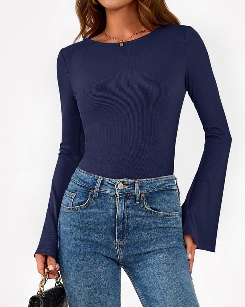  Y2K Clothes Casual Solid Color Boat Neck Bell Sleeve Fitted Going Out Tops