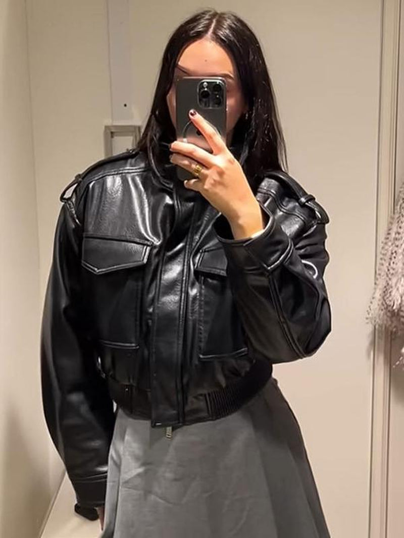 Women'S Olive Green Faux Leather Bomber Moto Jacket with Stand Collar and Flap Pockets, Short Layered Streetwear Outerwear