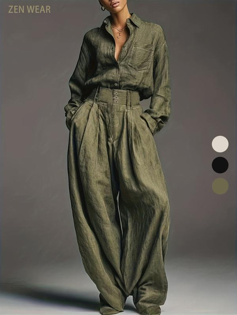 Spring & Fall Women'S Fashion Two-Piece Set, Solid Color Shirt and Long Pants, Casual Style, Perfect for Daily Wear