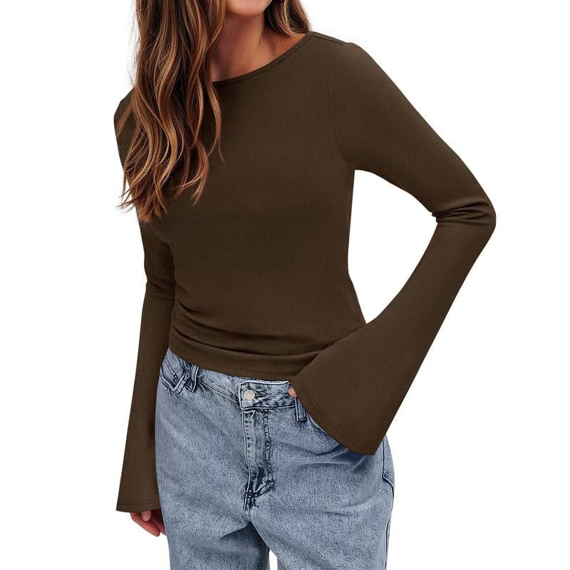  Y2K Clothes Casual Solid Color Boat Neck Bell Sleeve Fitted Going Out Tops