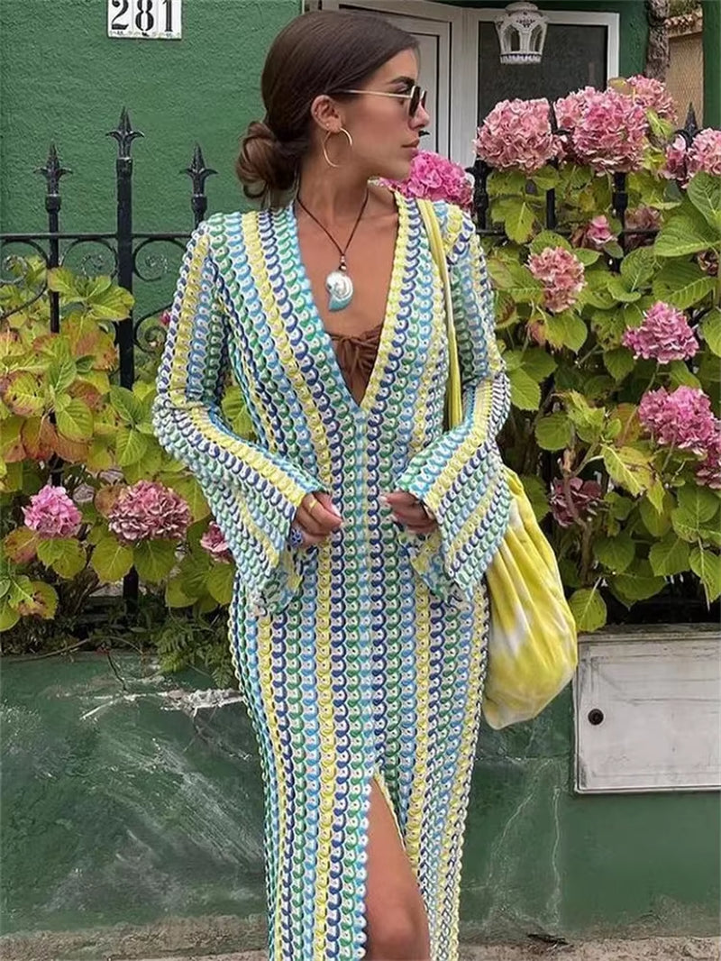 Contrast Hollow Out V-Neck Maxi Dress 