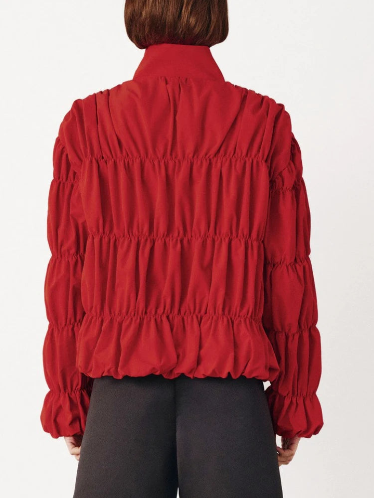 Solid Commuting Pleated Jackets for Women Long Sleeves Stand Collar Loose Streetwear Cropped 2025 Coat Female Jacket Coat