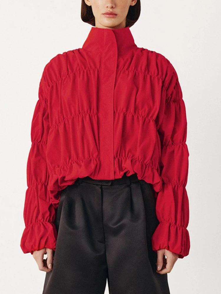 Solid Commuting Pleated Jackets for Women Long Sleeves Stand Collar Loose Streetwear Cropped 2025 Coat Female Jacket Coat