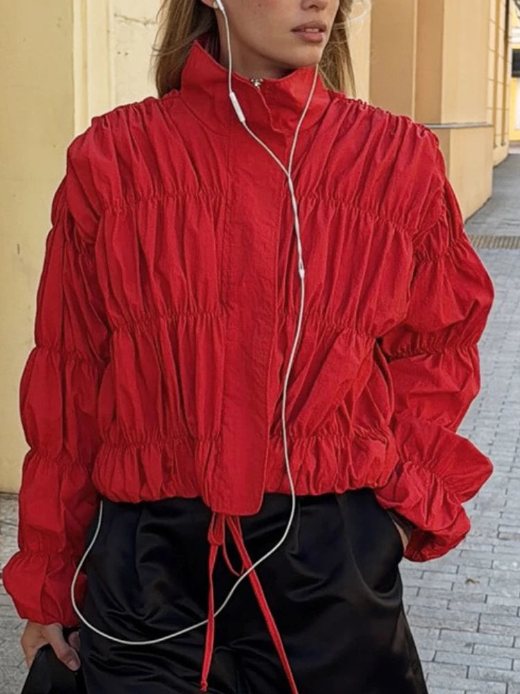 Solid Commuting Pleated Jackets for Women Long Sleeves Stand Collar Loose Streetwear Cropped 2025 Coat Female Jacket Coat