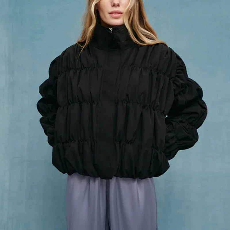 Solid Commuting Pleated Jackets for Women Long Sleeves Stand Collar Loose Streetwear Cropped 2025 Coat Female Jacket Coat