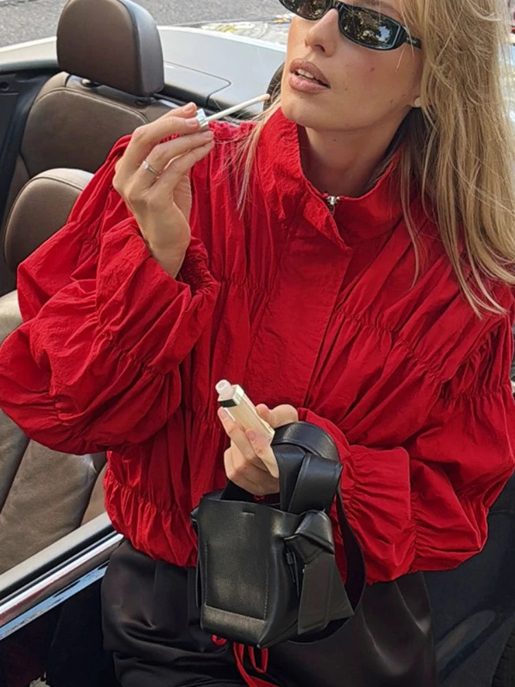 Solid Commuting Pleated Jackets for Women Long Sleeves Stand Collar Loose Streetwear Cropped 2025 Coat Female Jacket Coat