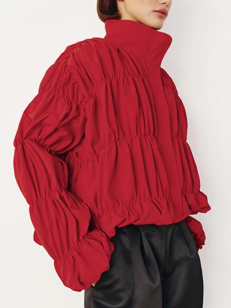 Solid Commuting Pleated Jackets for Women Long Sleeves Stand Collar Loose Streetwear Cropped 2025 Coat Female Jacket Coat