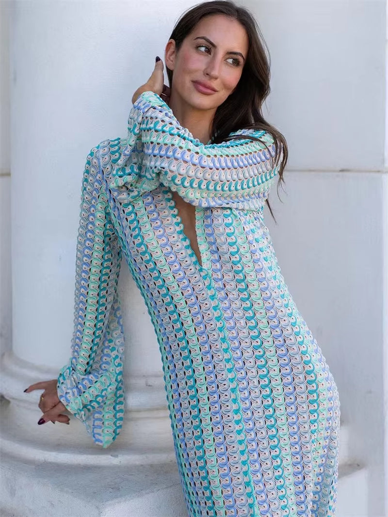 Contrast Hollow Out V-Neck Maxi Dress 