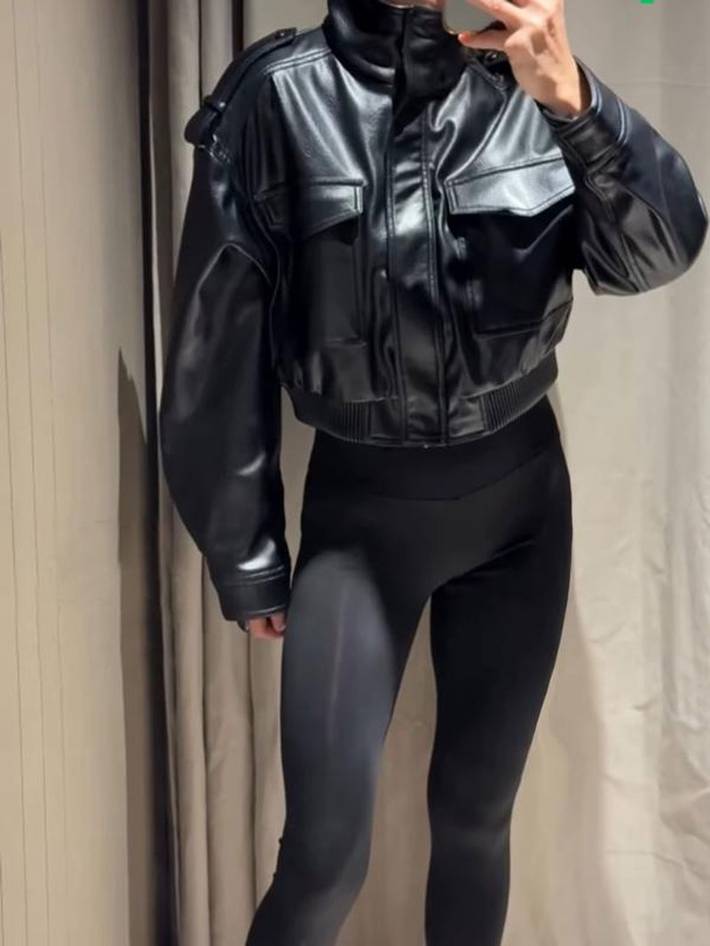 Women'S Olive Green Faux Leather Bomber Moto Jacket with Stand Collar and Flap Pockets, Short Layered Streetwear Outerwear