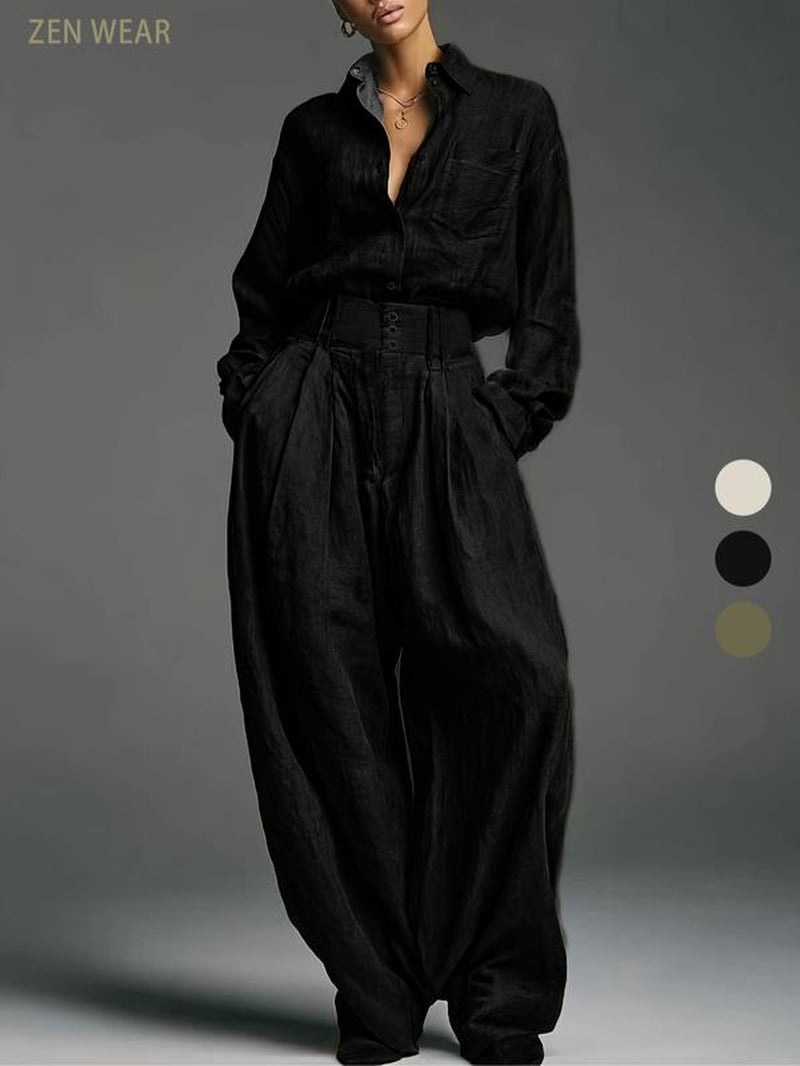 Spring & Fall Women'S Fashion Two-Piece Set, Solid Color Shirt and Long Pants, Casual Style, Perfect for Daily Wear