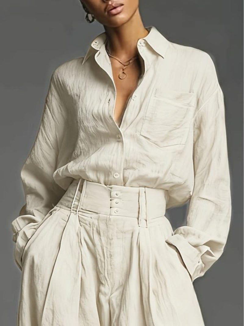 Spring & Fall Women'S Fashion Two-Piece Set, Solid Color Shirt and Long Pants, Casual Style, Perfect for Daily Wear