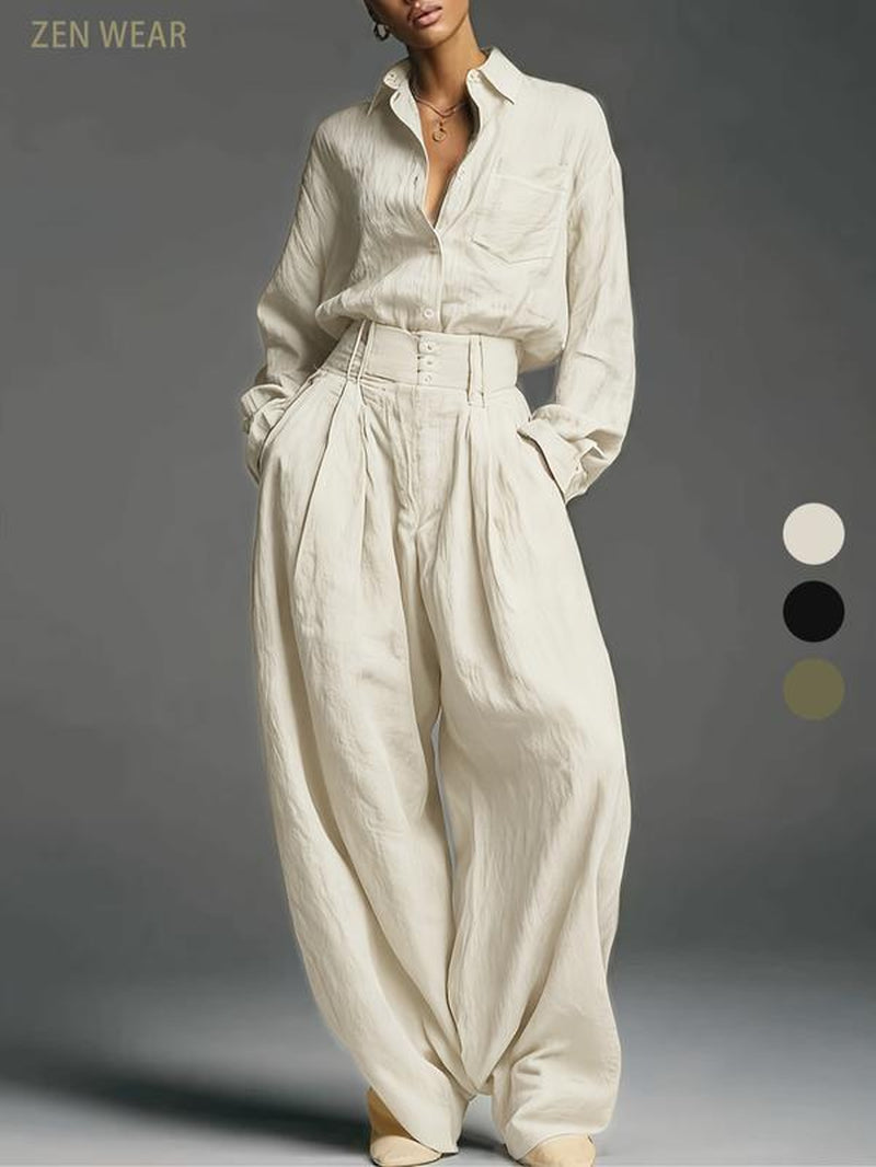 Spring & Fall Women'S Fashion Two-Piece Set, Solid Color Shirt and Long Pants, Casual Style, Perfect for Daily Wear