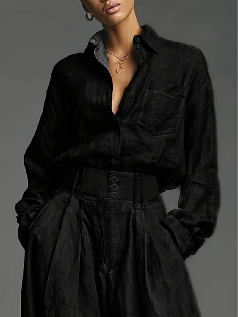 Spring & Fall Women'S Fashion Two-Piece Set, Solid Color Shirt and Long Pants, Casual Style, Perfect for Daily Wear