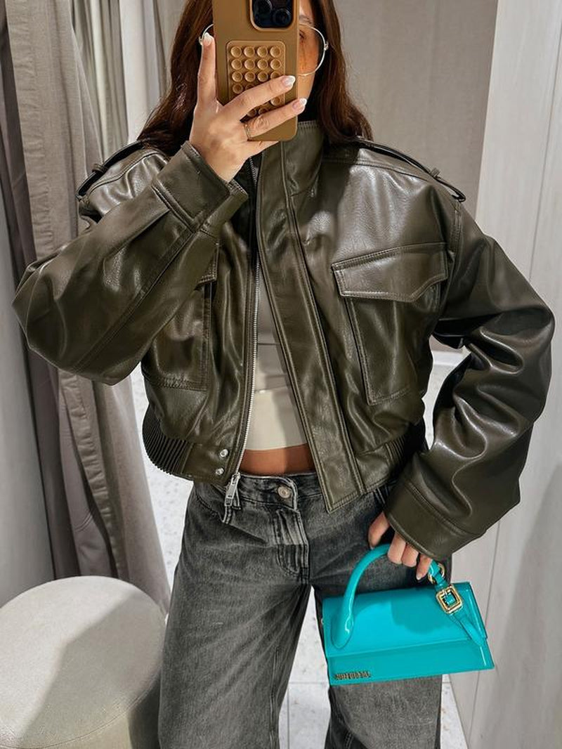 Women'S Olive Green Faux Leather Bomber Moto Jacket with Stand Collar and Flap Pockets, Short Layered Streetwear Outerwear