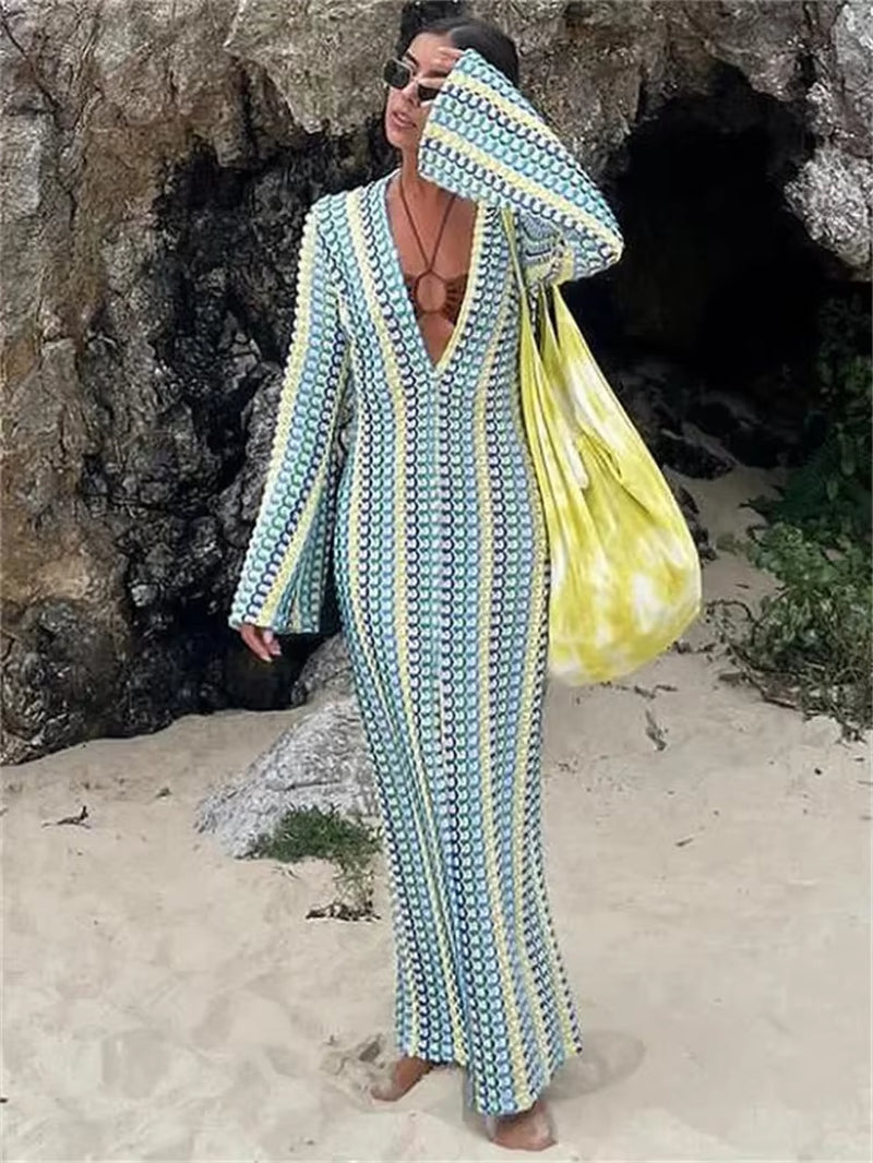 Contrast Hollow Out V-Neck Maxi Dress 