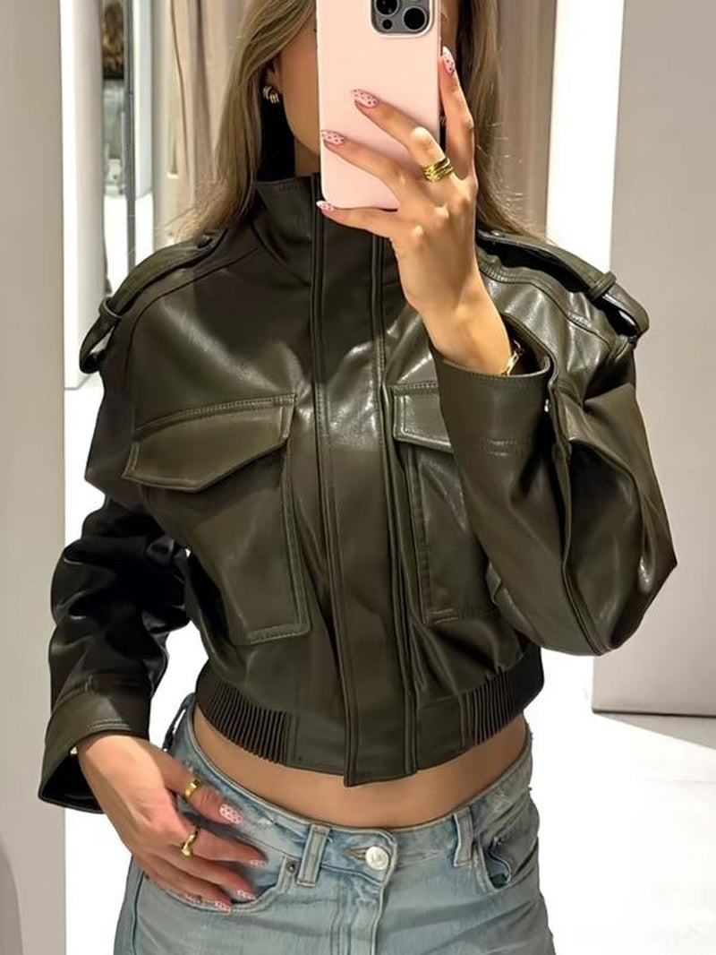 Women'S Olive Green Faux Leather Bomber Moto Jacket with Stand Collar and Flap Pockets, Short Layered Streetwear Outerwear