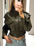 Women'S Olive Green Faux Leather Bomber Moto Jacket with Stand Collar and Flap Pockets, Short Layered Streetwear Outerwear