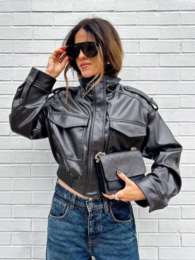 Women'S Olive Green Faux Leather Bomber Moto Jacket with Stand Collar and Flap Pockets, Short Layered Streetwear Outerwear