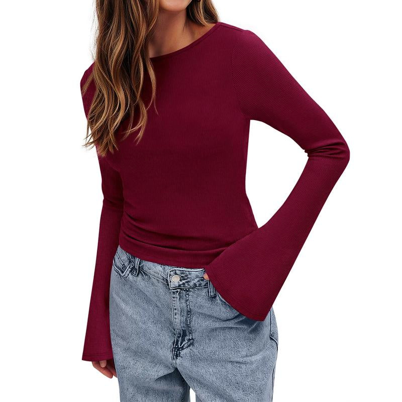  Y2K Clothes Casual Solid Color Boat Neck Bell Sleeve Fitted Going Out Tops