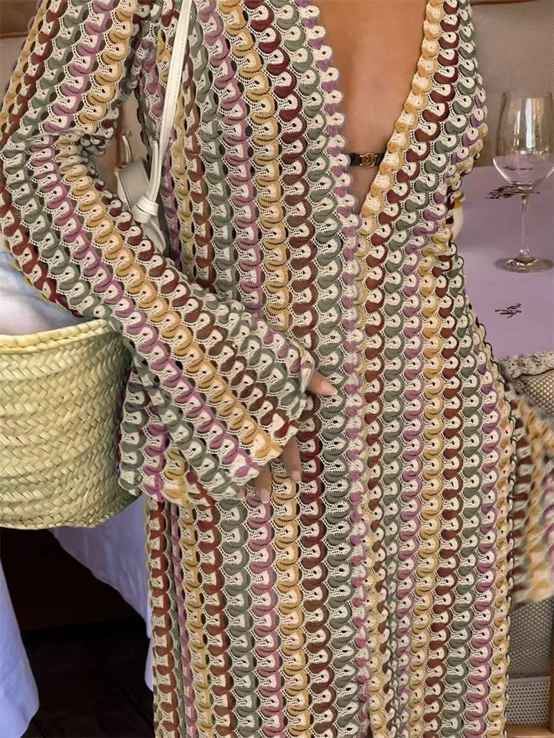 Contrast Hollow Out V-Neck Maxi Dress 