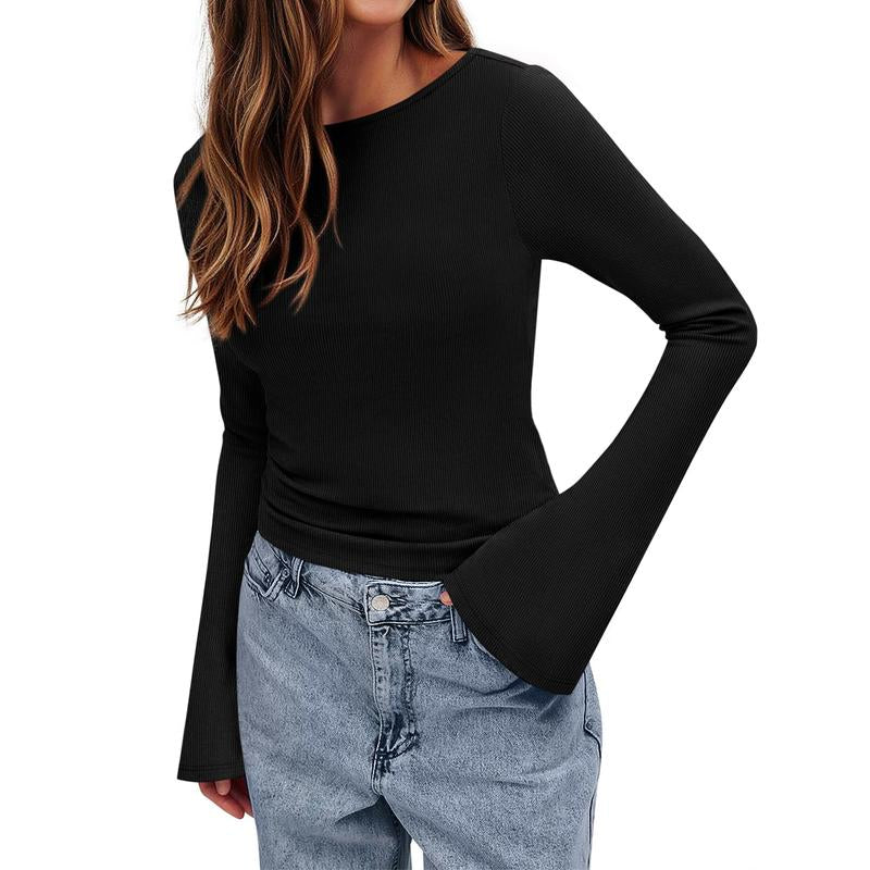  Y2K Clothes Casual Solid Color Boat Neck Bell Sleeve Fitted Going Out Tops