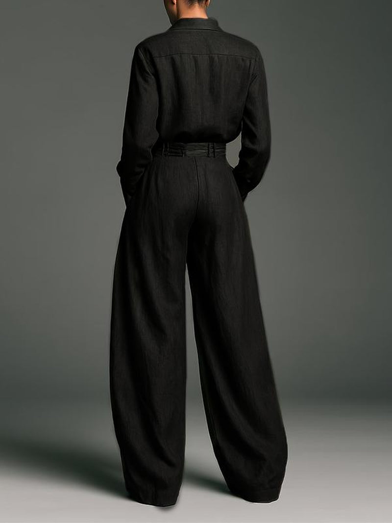 Spring & Fall Women'S Fashion Two-Piece Set, Solid Color Shirt and Long Pants, Casual Style, Perfect for Daily Wear