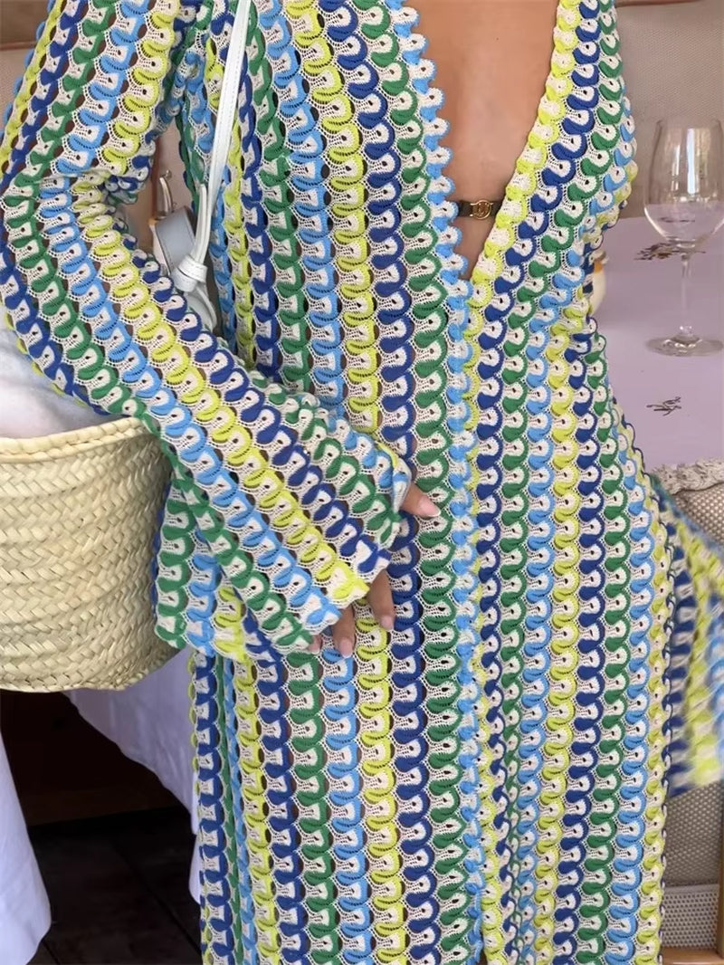 Contrast Hollow Out V-Neck Maxi Dress 