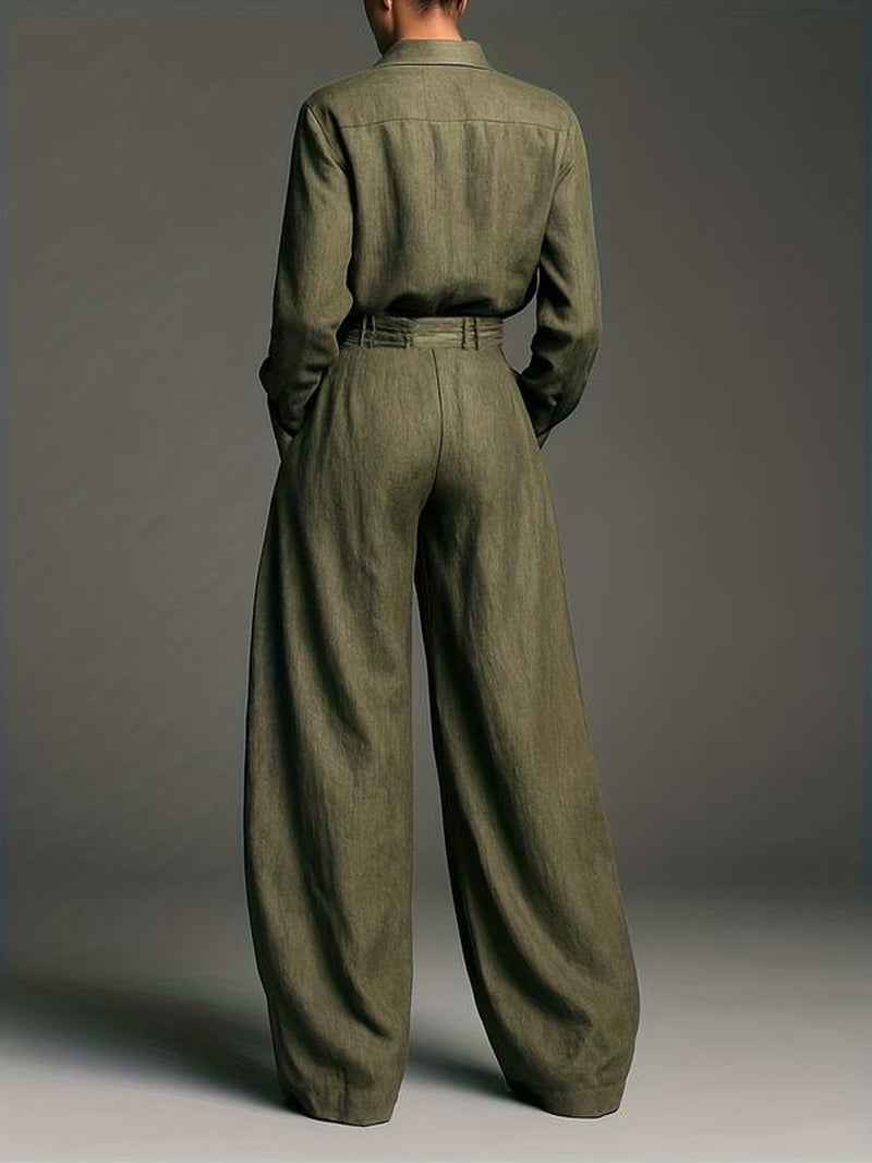 Spring & Fall Women'S Fashion Two-Piece Set, Solid Color Shirt and Long Pants, Casual Style, Perfect for Daily Wear