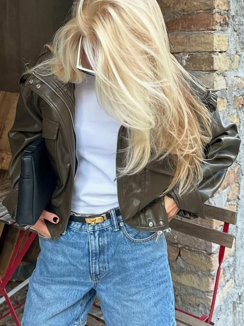 Women'S Olive Green Faux Leather Bomber Moto Jacket with Stand Collar and Flap Pockets, Short Layered Streetwear Outerwear